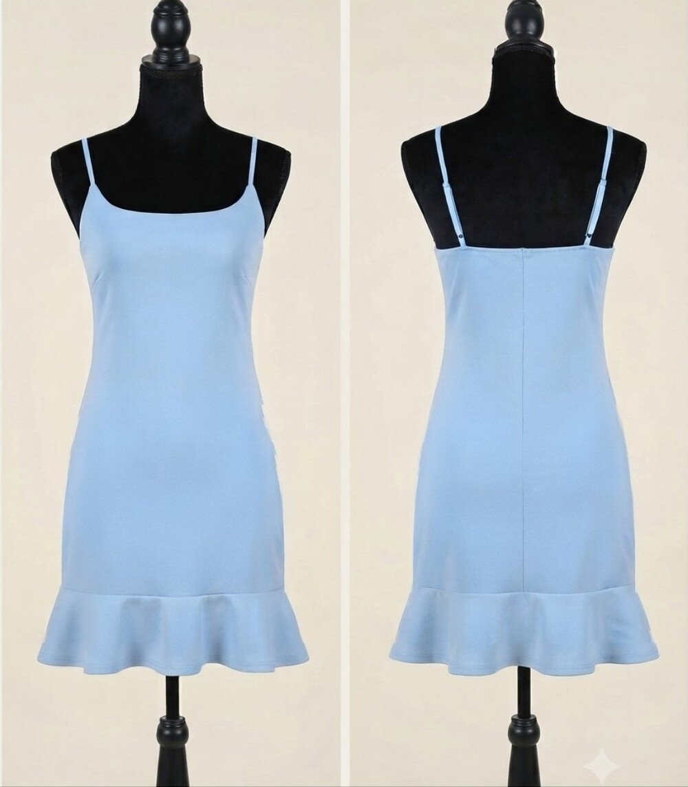 Revamped Light Blue Spaghetti Strap Ruffle-Hem Dress